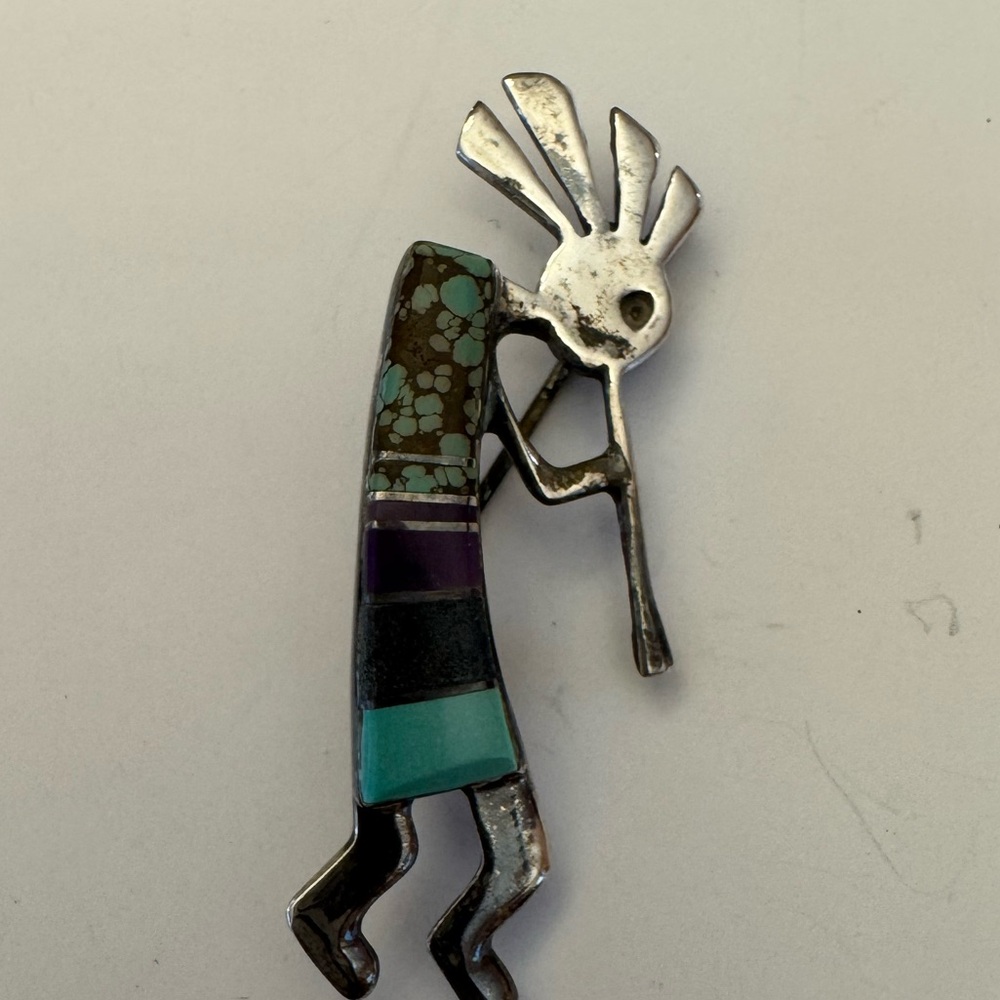 Native CS Sterling Kokopelli Turquoise  Inlay Pendant